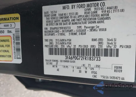 2015 Ford Fusion S from USA, damaged, VIN 3FA6P0G72FR183733